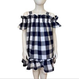 JANIE AND JACK Off-The-Shoulder Gingham Dress 100% Cotton Navy Blue & White Sz 3